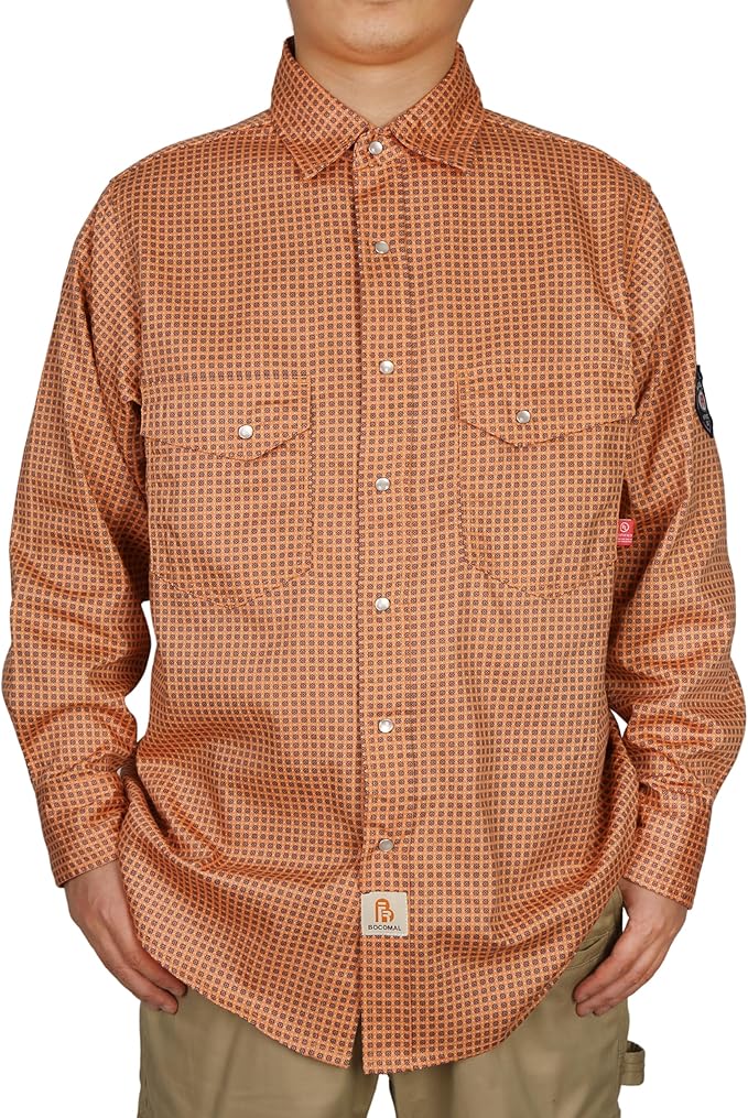 BOCOMAL FR Shirts for Men Printed Plaid Flame Resistant Clothing 6.5oz Cotton Button Up Welding Shirts NFPA2112 CAT2