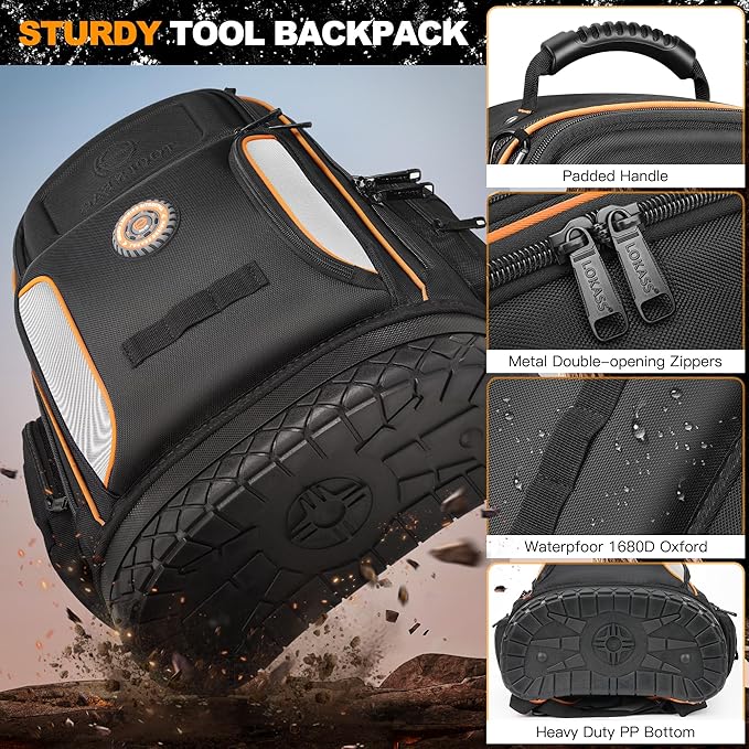 Tool Bag Backpack, 75 Pockets & Loops Heavy Duty Tools Organizer Bags/HVAC Tool Carrier for Eelectrician/Construction Work with Molded Base and Combination Lock, Large, Black and Orange
