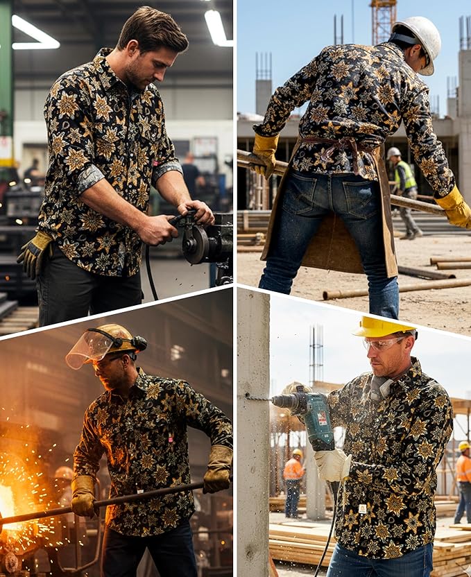 BOCOMAL FR Shirts for Men Printed Plaid Flame Resistant NFPA2112/CAT2 6.5oz Lightweight Fire Retardant Shirt