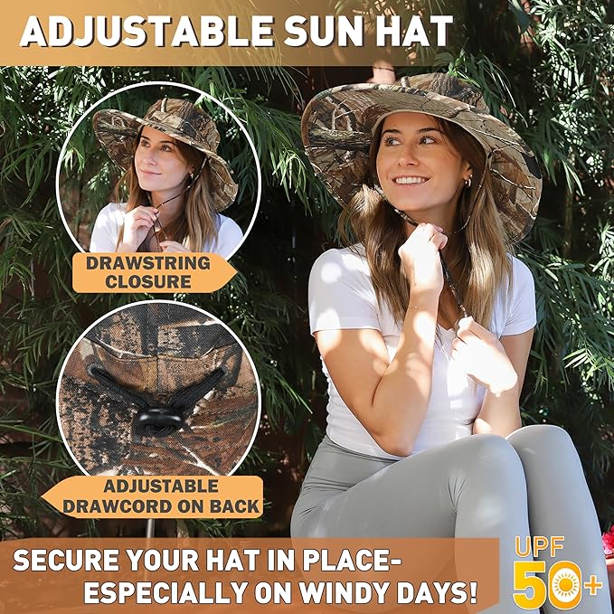 Men Safari Sun Hat Wide Brim Boonie Fishing Cap with Adjustable Drawstring