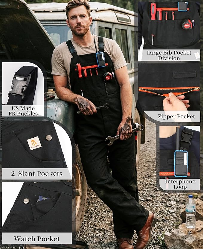 BOCOMAL Men's FR Bib Overall Duck Canvas Fire Resistant/Flame Resistant Workwear Relaxed Fit Unlined