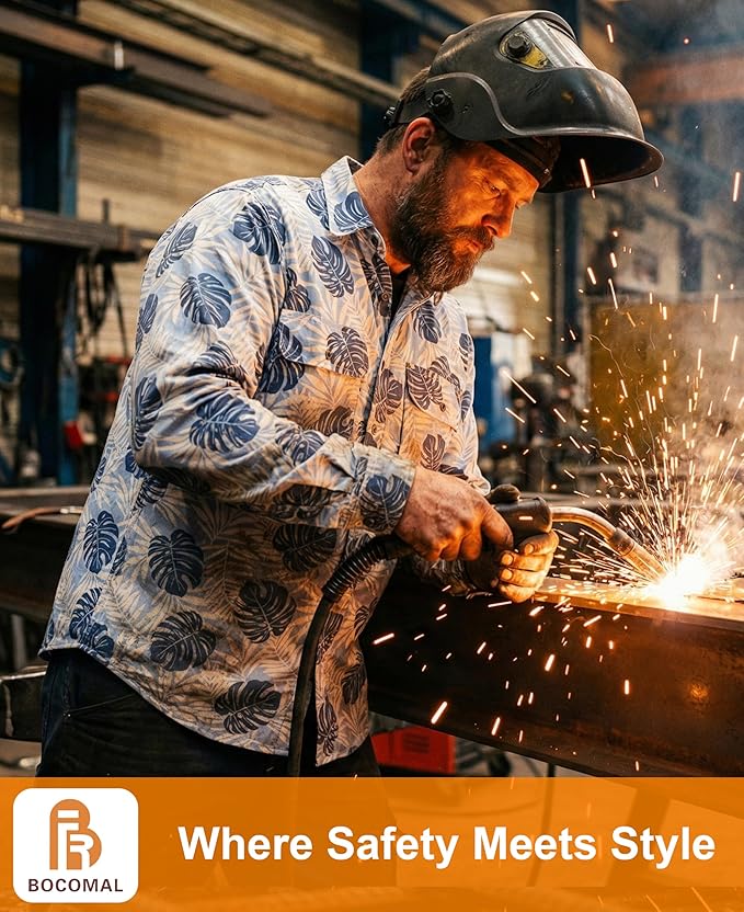 BOCOMAL FR Shirt for Summer Lightweight Vented Mesh Back and Underarm Breathable Flame Resistant Welding Button Down Shirts