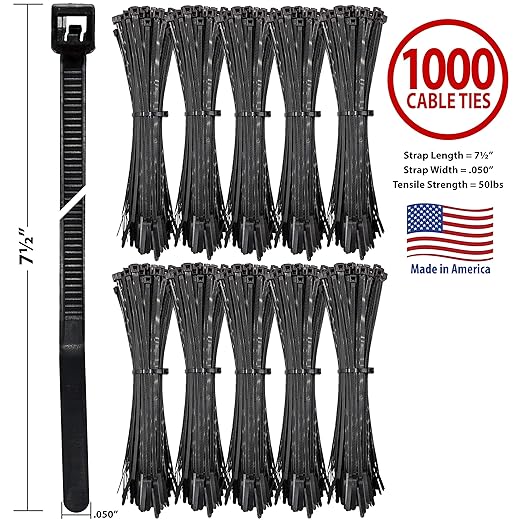 Bar Lok 7.5” Zip Ties – 1000 Pieces, Black – Made in America – Weather, UV & Impact Resistant Plastic Cable Ties for Binding Bundling & Organizing Wire Cable & More – Indoor & Outdoor (7.5", 1000ct)