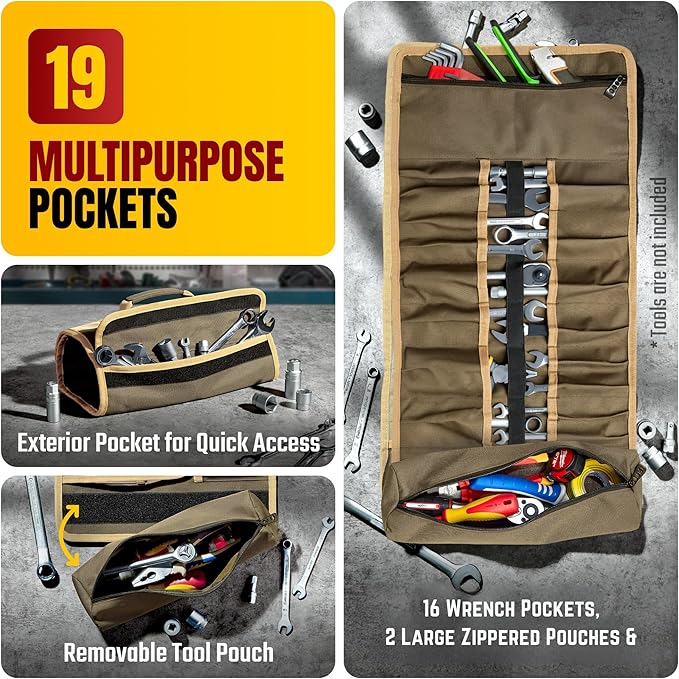 The Ryker Bag Wrench Roll Up Heavy-Duty Canvas Tool Organizer, Tool Roll Organizer Gifts for Dad Roll-Up Tool Bag w/Multiple Pockets for Wrenches, Sockets & Hand Tools for Mechanics & Electricians