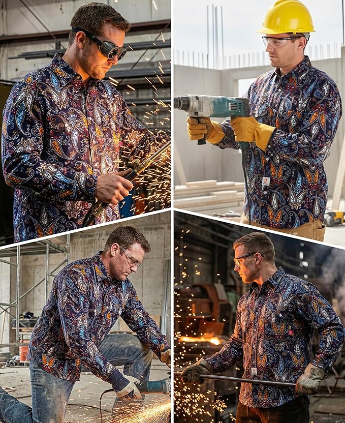 BOCOMAL FR Shirts for Men Printed Plaid Flame Resistant Clothing 6.5oz Cotton Button Up Welding Shirts NFPA2112 CAT2