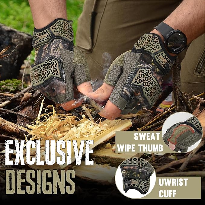 HANDLANDY Fingerless Framer Work Gloves for Men, Utility Grip Paded Gloves for Tactical Shooting Airsoft Hunting Driving (Camo- 3 Fingerless, X-Large (Pack of 1))