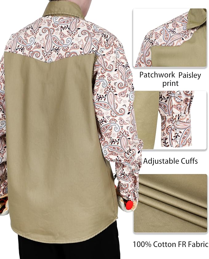 BOCOMAL FR Shirts Pearl Snaps Two Tone Plaid/Solid Flame Resistant Cotton Welding Shirt NFPA 2112 CAT 2