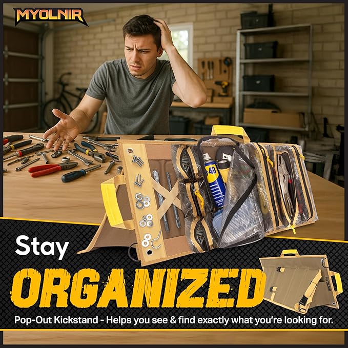 Roll Up Tool Bag Organizer With Kickstand - Compact Heavy Duty Motorcycle Tool Roll Bag Organizer - Portable Rollup Toolbag With Magnetic Panels & Transparent Pockets - Mechanic & Electrician