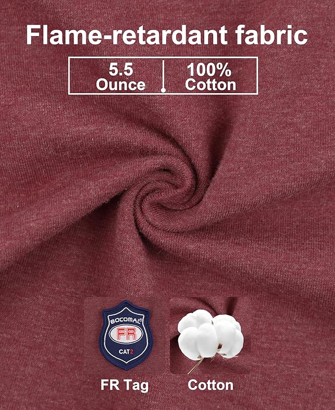 BOCOMAL FR Shirts Flame Resistant Shirt 5.5oz 100% Cotton Light Weight CAT2 Fire Retardant Henley Shirts