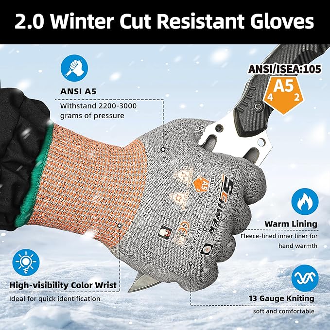 Schwer 12 Pairs Winter Work Gloves, ANSI A5 Cut Resistant Gloves with PU Coating, Freezer Glove for Outdoor Cold Weather, Thermal Insulated, Non Slip, Durable, XL, CR3088-W
