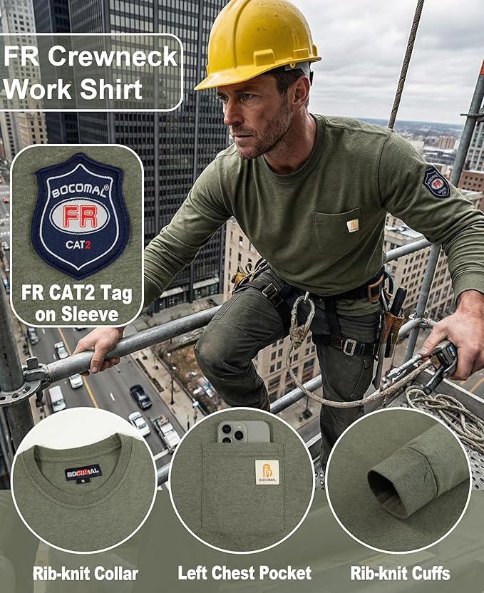 BOCOMAL FR Shirts Lightweight Classic Crew Long Sleeve Fire Resistant Shirt CAT2