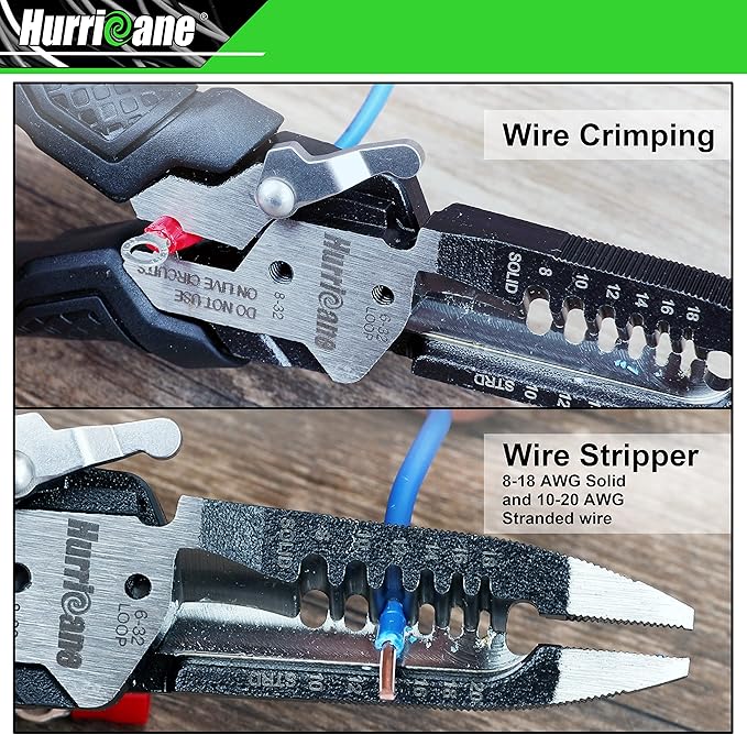 HURRICANE 6-in-1 Wire Stripper, Crimping Tool, Wire Cutter Stripping Tool, Multifunctional Electrical Pliers for Cable Stripper, Wire Crimper(8-18 AWG Solid, 10-20 AWG Stranded)