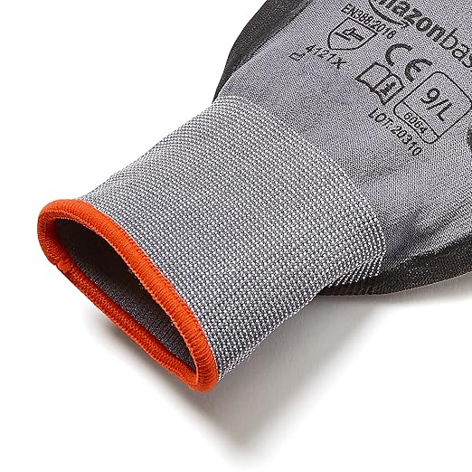 Amazon Basics Micro-Foam Nitrile Coated Safety Work Gloves, Nylon Liner Fiber, Touch Screen Compatible, Grey, Size 9, Large, 6-Pack
