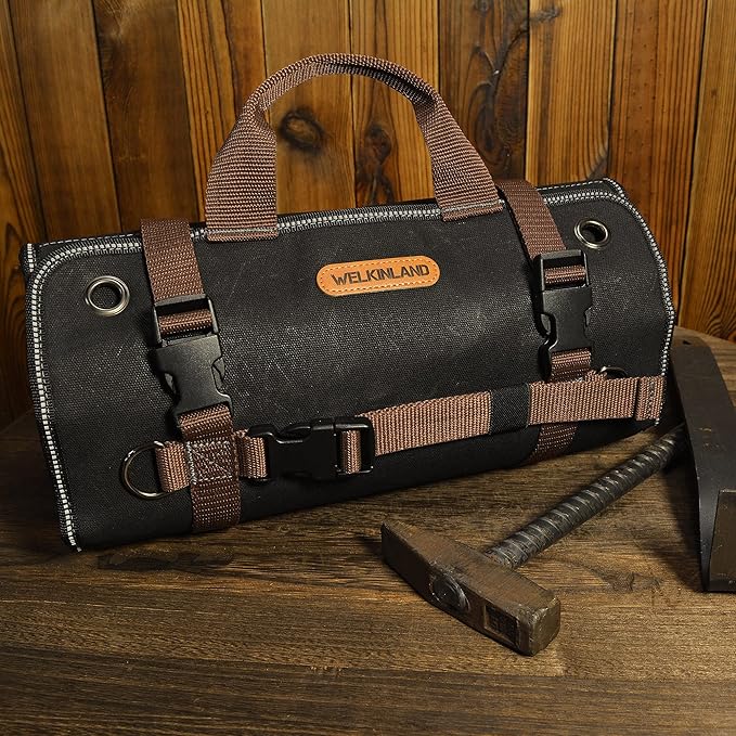 WELKINLAND Heavy-Duty Waxed Canvas Tool roll, 15-Pockets Tool Wrap Roll, 15L Tool Up Roll Bags, Tool Bag Roll, Tool roll organizer, Roll up tool bag organizer