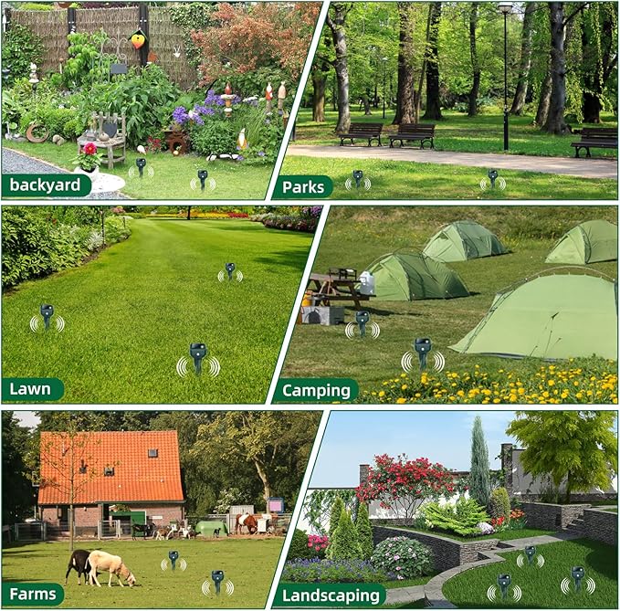 Mole Repellent Solar Powered, 4 Pack Snake & Rabbit Repellent for Yard, IP 65 Waterproof Ultrasonic Deterrent Stakes, Get Rid for Armadillo, Gopher, Vole, Chipmunk, Deer, Groundhog for Lawns Garden