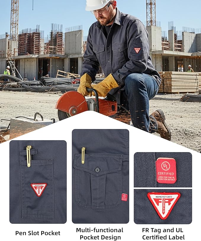 TICOMELA Men’s Mid-Weight FR Welding Shirt, 7.5oz 100% Cotton NFPA 2112 CAT2 – Flame-Resistant Button-Down Work Shirt