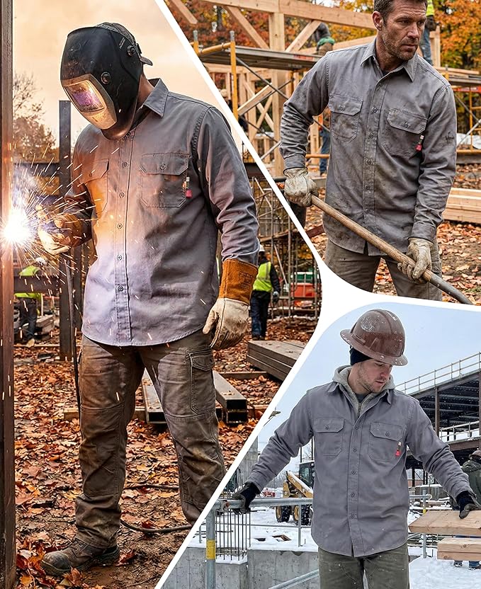 KONRECO FR Shirts for Men Fire Resistant Button Down Work Shirt 100% Cotton 6.5oz Lightweight Welding Shirts