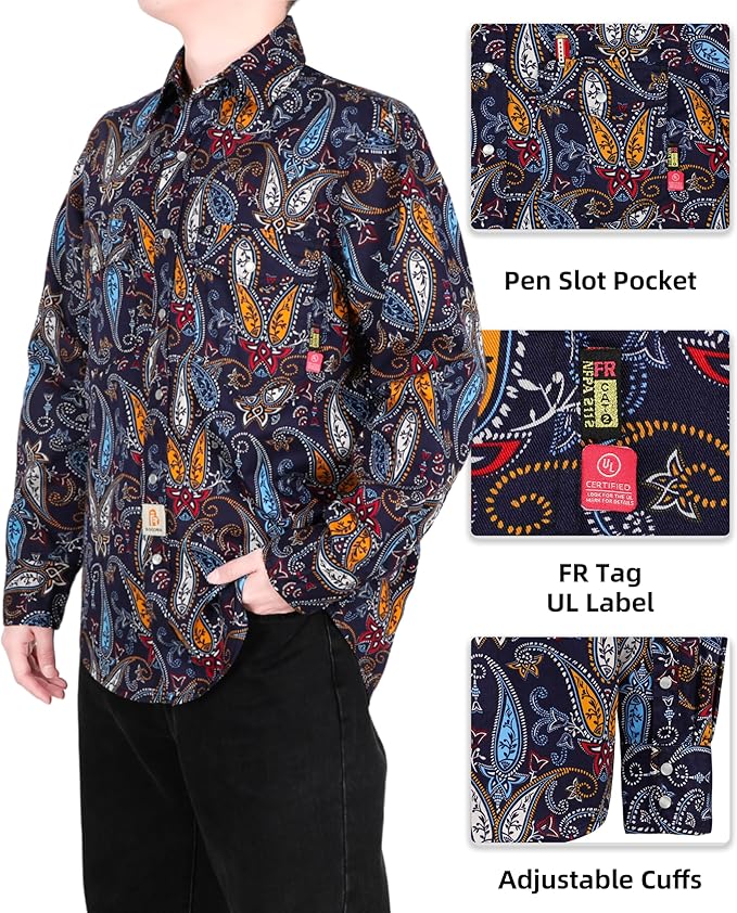 BOCOMAL FR Shirts for Men Printed Plaid Flame Resistant Clothing 6.5oz Cotton Button Up Welding Shirts NFPA2112 CAT2