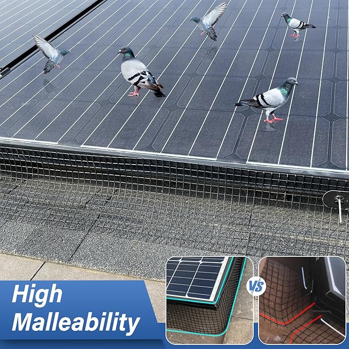 Solar Panel Bird Guard,6in x 100ft Critter Guard Roll Kit for Roof Protection Net Wire Screen,Rust-Proof Black PVC Coated Galvanized Net Pigeon Mesh with 70 Fastener Clips for Bird,Animal Control