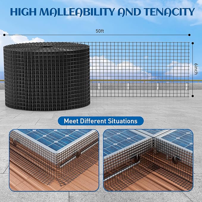 6inch x 50ft Solar Panel Bird Guard, Critter Guard for Solar Panels with 50 Pcs Stainless Steel Fasteners, Removable PVC Coated Pigeon Netting Wire Roll for Squirrel, Bird, Critters Proofing