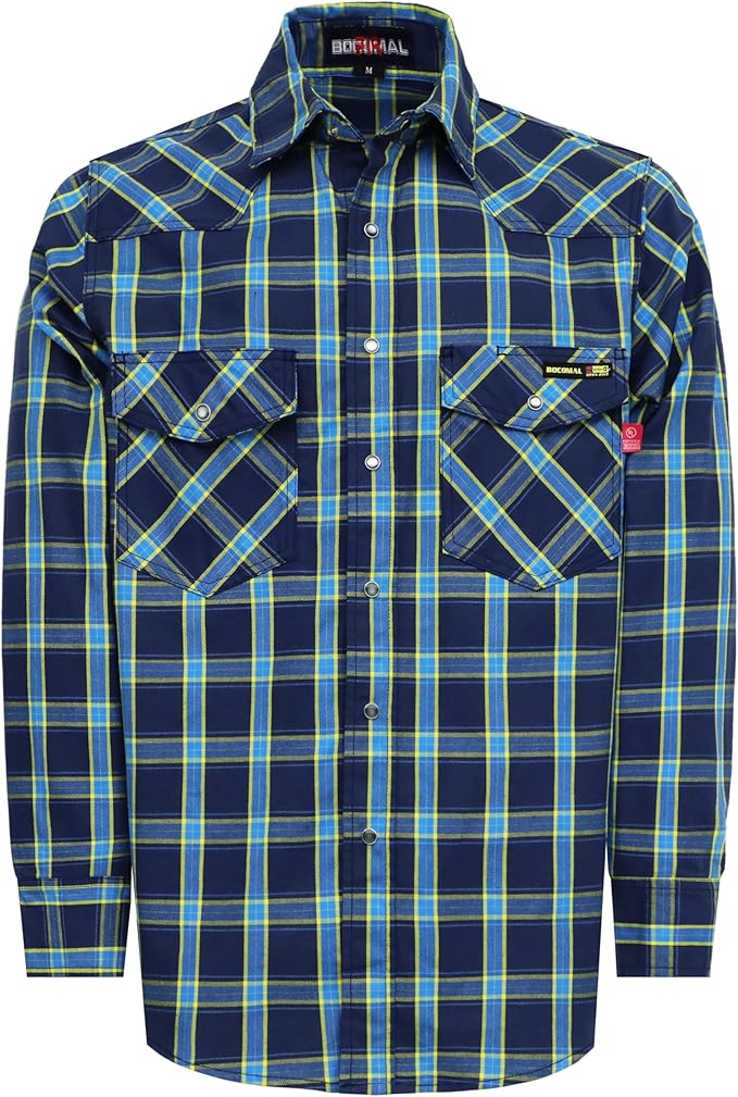 BOCOMAL FR Shirts Flame Resistant 100% C NFPA2112 7.5oz Men's Fire Retardant Welding Shirt
