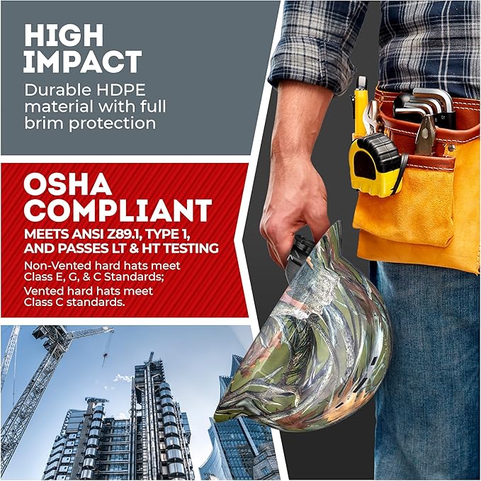 Acerpal Full Brim Vented Camo Design Matte Finish OSHA Construction Hard Hat with 6-Point Suspension