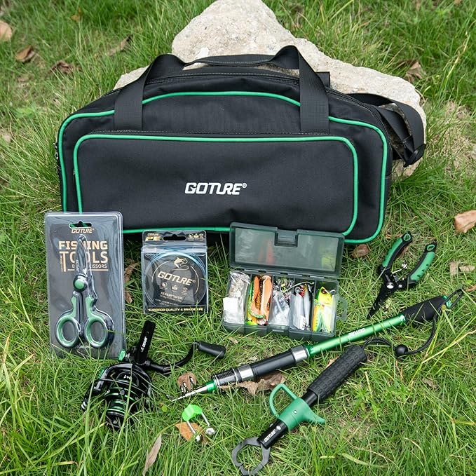 Goture Fishing Poles and Reels Combo - Green Telescoping Fishing Rod Portable Travel Kit with Carrier Bag for Freshwater Saltwater