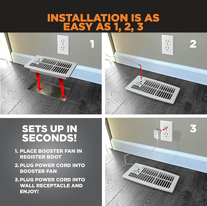 Suncourt Flush Fit Floor/Wall Register Booster Fan — Ultra-Quiet, 5-Speed Vent Fan with Smart Technology and 6-Foot Power Cord, HC500-W (White)