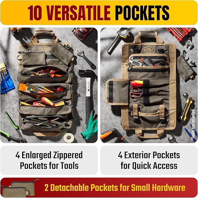 The Ryker Roll Up Tool Bag Organizer Gifts for him Heavy Duty Motorcycle Tool Roll Bag Organizer Portable Rollup Toolbag w/Accessible Pouches - Mens gifts for Dad, Mechanic & Electrician (AP-TR)