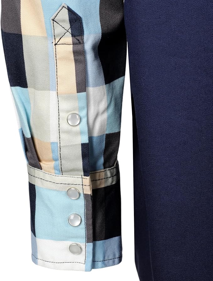 BOCOMAL FR Shirts Pearl Snaps Two Tone Plaid/Solid Flame Resistant Cotton Welding Shirt NFPA 2112 CAT 2