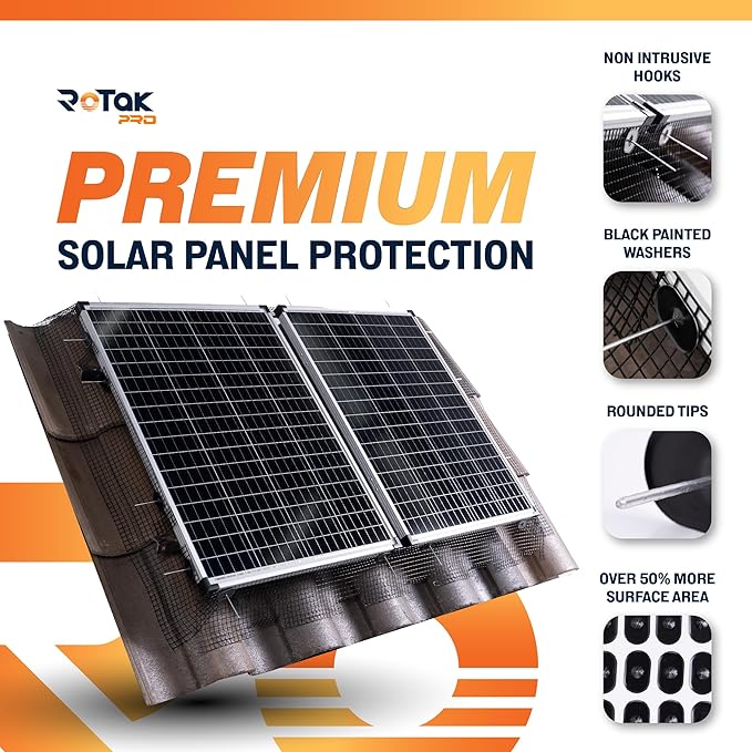 Rotak Critter Guard PRO - 6in x 100ft Solar Panel Bird Prevention Roll Kit with 60 Fastener Clips - Heavy Duty Galvanized Black PVC Coated ½ inch Wire Roll Mesh (6" PRO + 60 Clips)