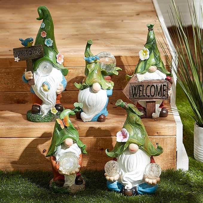 Accent Plus Gnome with Glowing Welcome Sign Solar Statue