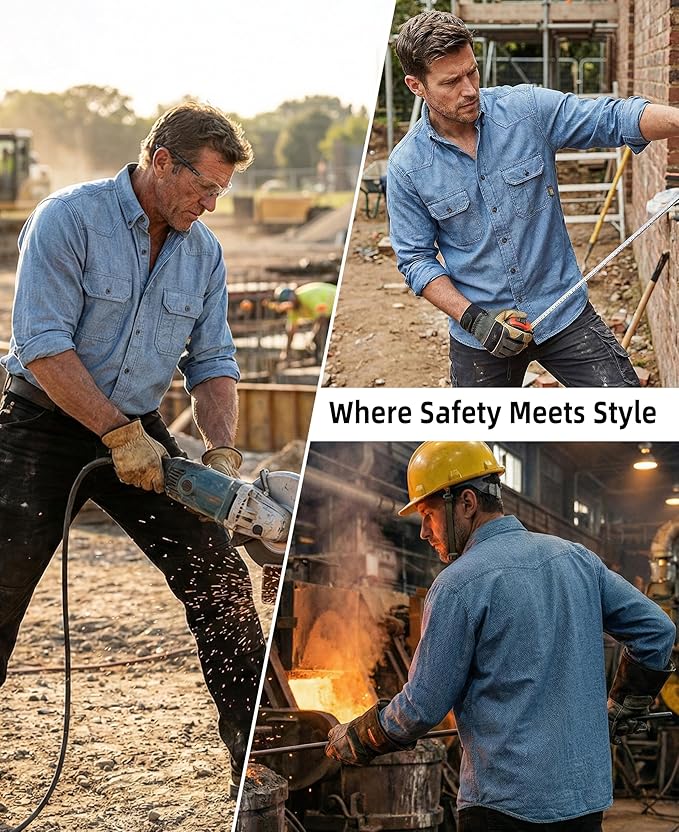 BOCOMAL FR Shirts Button Down Dura-Light 6.5 oz Soft Heather Series Utility Chest Pockets Flame Resistant Work Shirt CAT2