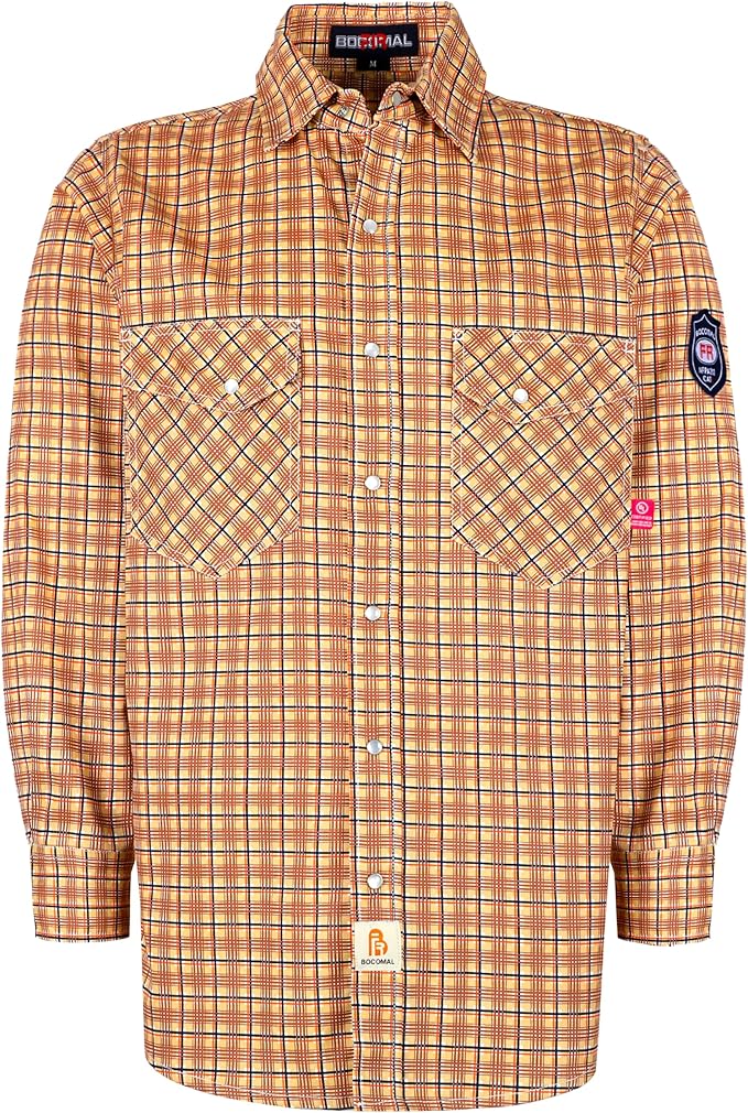 BOCOMAL FR Shirts Flame Resistant NFPA2112/CAT2 6.5oz Light Weight Printed Fire Retardant Plaid Shirt