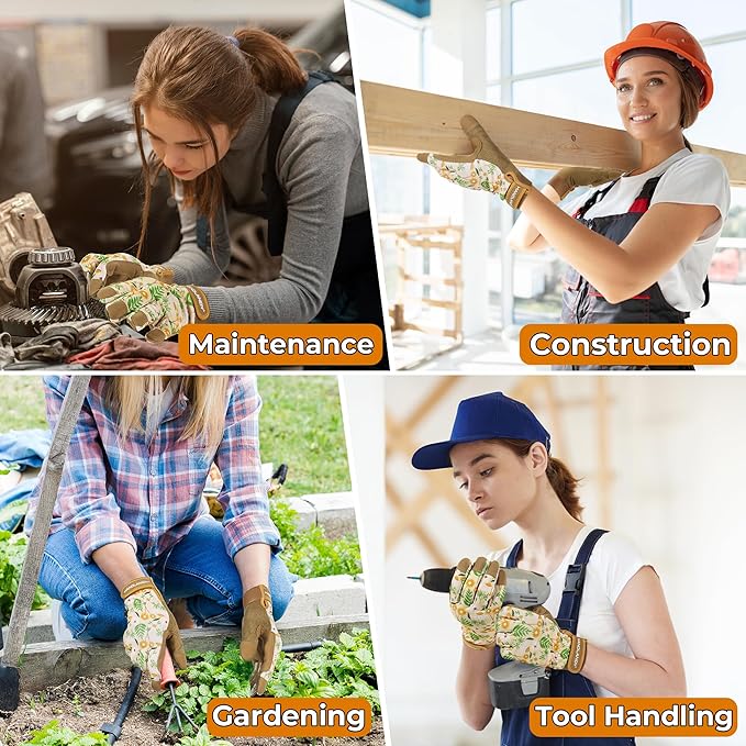HANDLANDY Work Gloves for Women, Breathable Leather Gardening Glove for Yard Maintenance, Hand Protection with Touch Screen