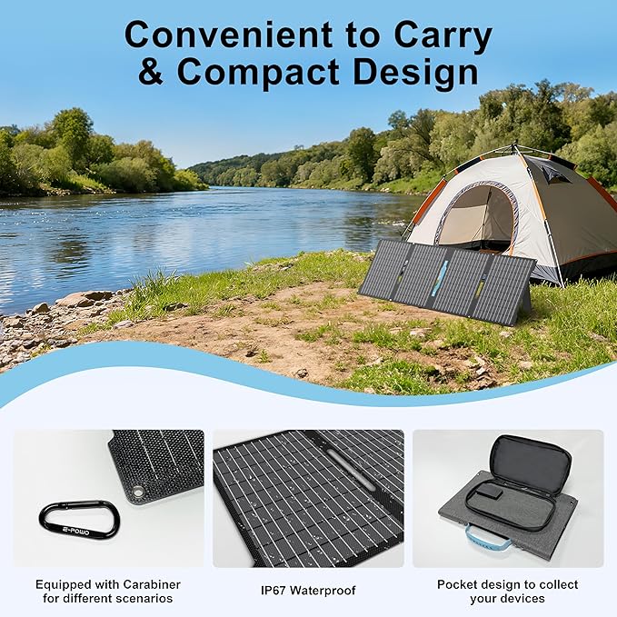 60W Portable Solar Panels Chargers with USB-C, USB-A and DC Outputs Foldable IP67 Waterproof Solar Panel for Camping,Power Emergency for Small Power Station,Phones, Power Banks