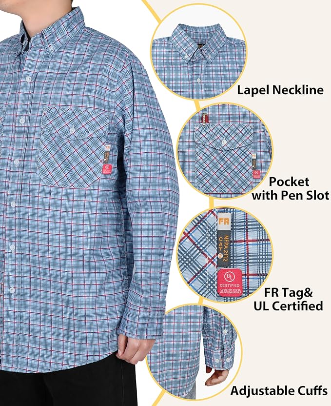 KONRECO FR Shirts for Men Fire Resistant Button Down Work Shirt 100% Cotton 6.5oz Lightweight Welding Shirts