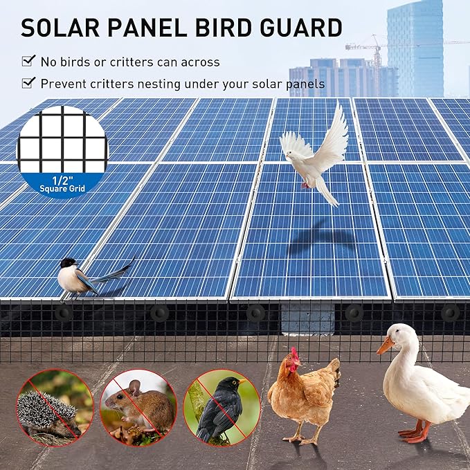 8 inch x 100ft Solar Panel Bird Guard, Wire Mesh Critter Guard for Solar Panels with 100pcs Fasteners, PVC Coated Pigeon Barrier Netting Solar Panel Mesh Screen for Bird Proof Squirrel Fence