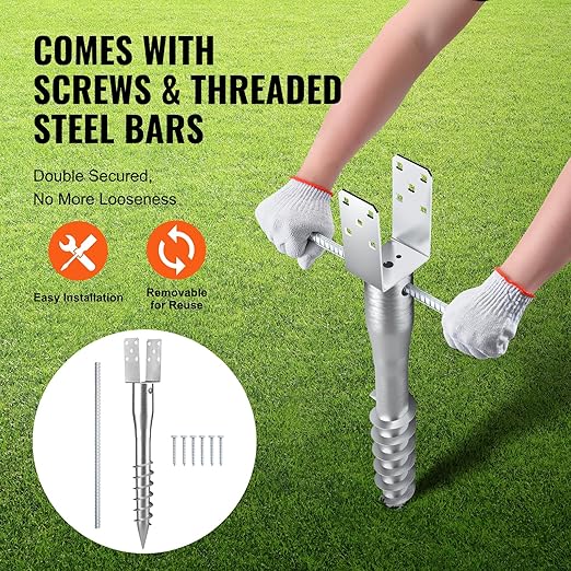 VEVOR Ground Screw, No Dig Ground Anchor 4 Pack 3.94 x 2.76 x 27.56 in DIY Screw in Stake, Includes 6 Lag Bolts & a Rebar, U-Shape Heavy Duty Steel Post Holder, Great for Mailbox and Fence Posts