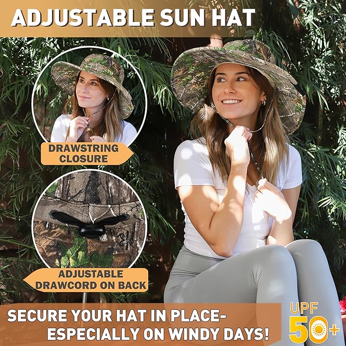 Men Safari Sun Hat Wide Brim Boonie Fishing Cap with Adjustable Drawstring