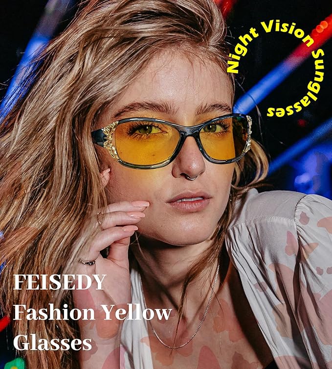 FEISEDY Classic Womens Night Glasses Driving Anti Glare Wrap Around Yellow Sunglasses B2548