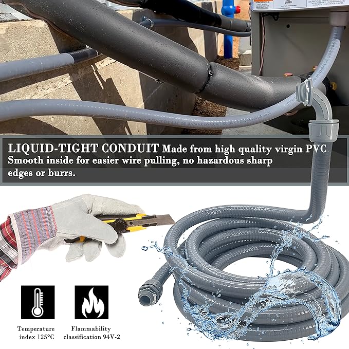 Liquid-Tight Conduit - 3/4inch 25 Foot Flexible Non Metallic Liquid Tight Electrical Conduit Kit, With 4 Straight and 3 90-Degree Conduit Connector Fittings.3/4" Dia