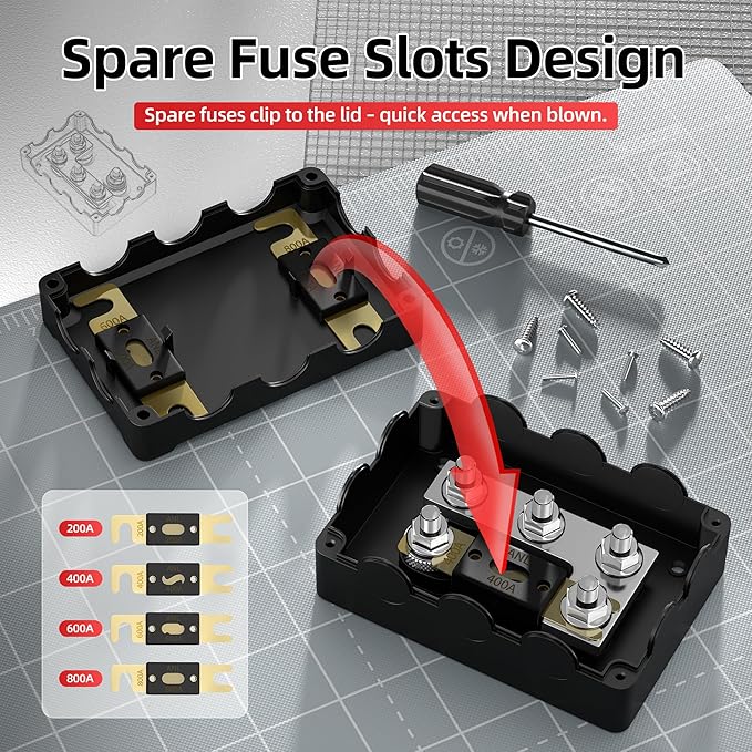 DaierTek ANL Fuse Holder M8 Stud Terminals Max 1000A Marine ANL Fuse Block 1 In 3-6 Out ANL Fuse Block with 200A 400A 600A 800A ANL FUSE for Automotive Car Truck Boat
