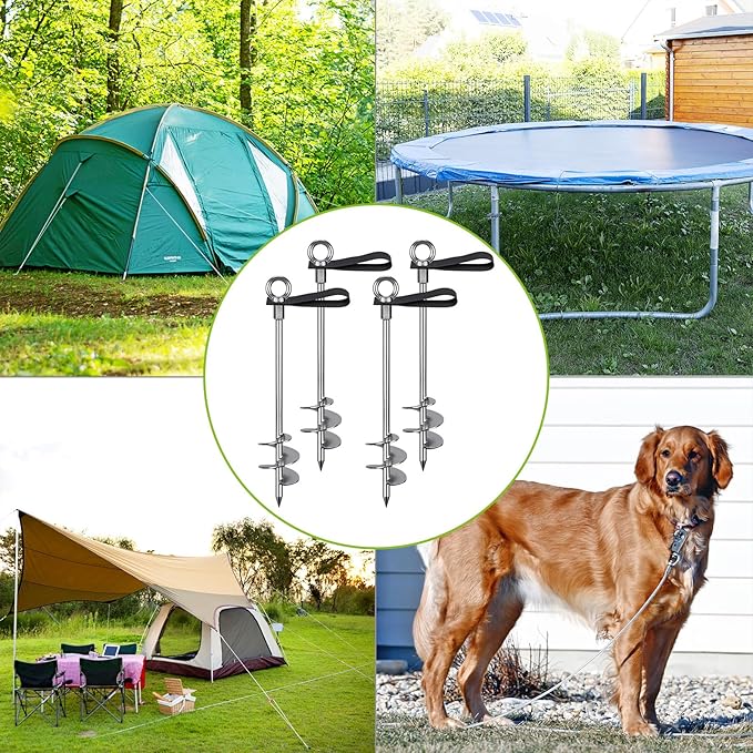 Fully Welded Ground Trampoline Anchors, 18'' Spiral Mobile Home Anchors, 4pcs Earth Anchor Heavy Duty Shed Anchor Kit with Straps for Securing Swing Sets, Animals, Trees, Tents, Shed, Carport
