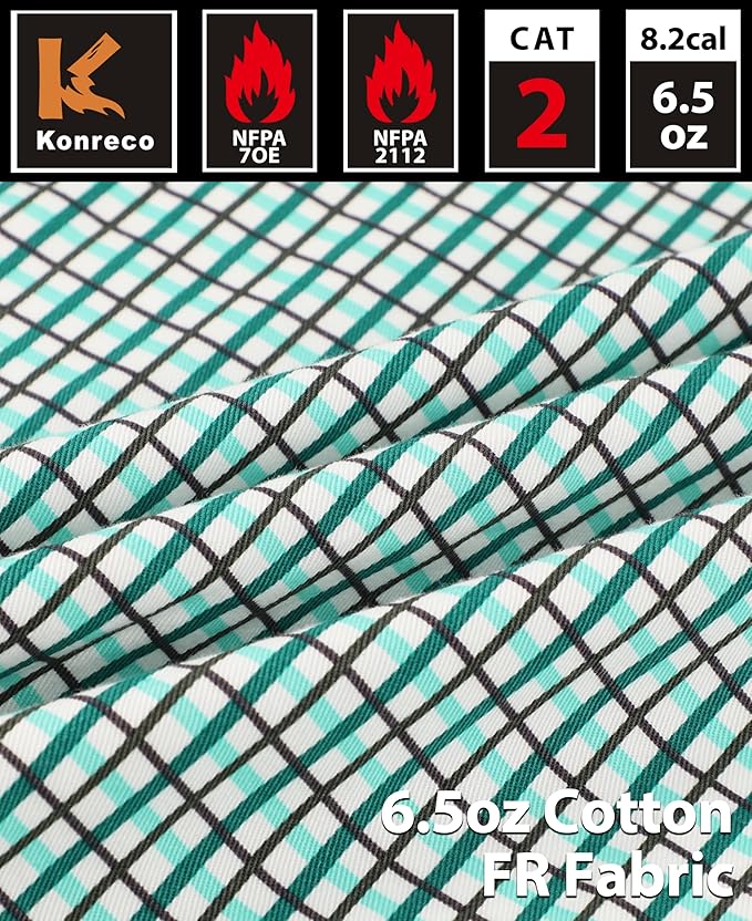 KONRECO FR Shirts for Men 100% Cotton 6.5oz Fire Resistant Lightweight Men's Plaid Work Shirts