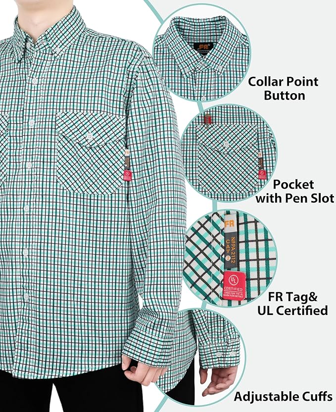 KONRECO FR Shirts for Men 100% Cotton 6.5oz Fire Resistant Lightweight Men's Plaid Work Shirts