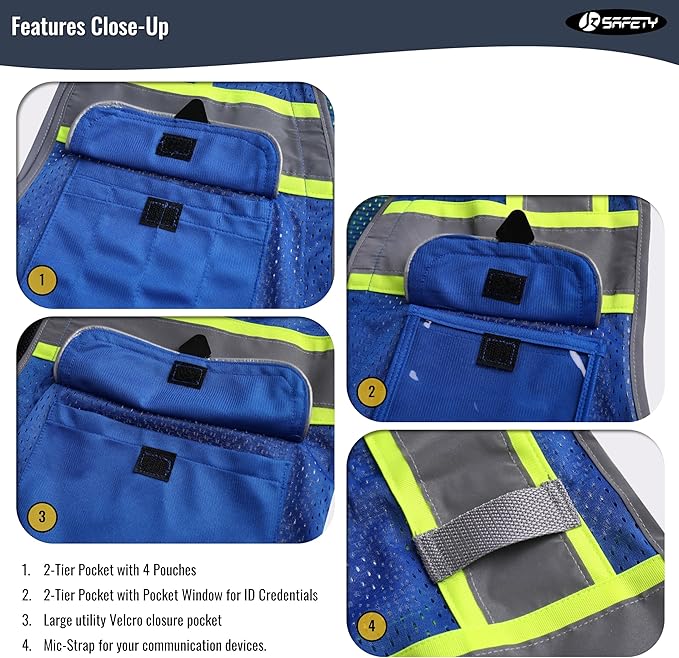 JKSafety Hi-Vis Unisex Surveyor Safety Vest Heavy Duty PPE Inner Pockets ANSI/ISEA Compliant