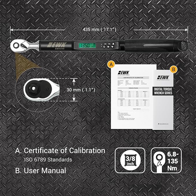 EWK 3/8" Drive Digital Torque Wrench 5-100 ft-lbs (6.8-135 Nm), with LED Display & Buzzer Alert, for Small Car Repairs