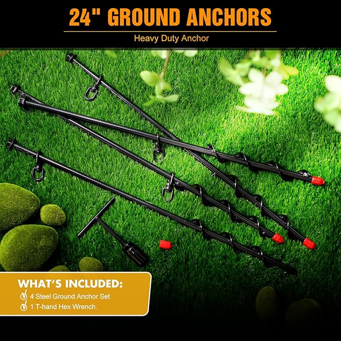 Hiboom 4 Pcs Ground Anchors with T Handle Hex Wrench Trampoline Hook, Ground Anchor Screw in Kit, Inflatable Outdoor Decorations Accessories for Camping Tents Car Ports Canopies (Black,24 Inch)