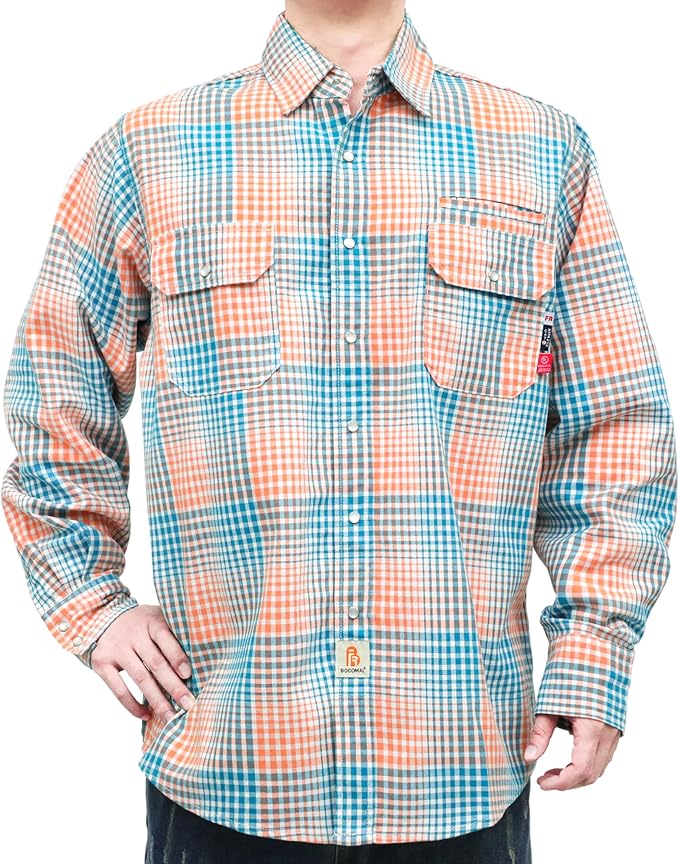BOCOMAL FR Shirts for Men Snaps Down 7.5oz Water Repellent Fire Resistant Welding Jackets-NFPA2112 CAT2